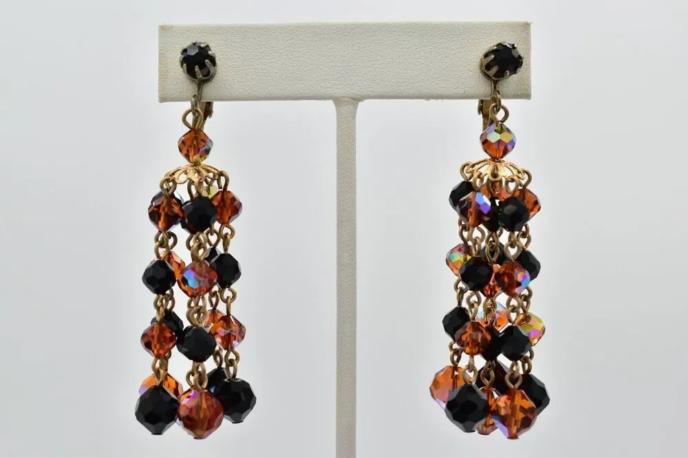 Laguna Vintage Clip On Crystal Earrings Chandelier Orange Black Signed 50s BinBK
